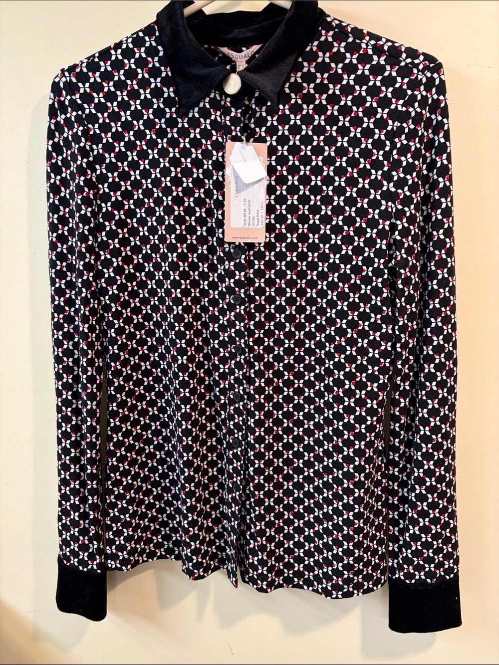 Black Geometric Print Long Sleeve Blouse with Velvet Collar and cuffs